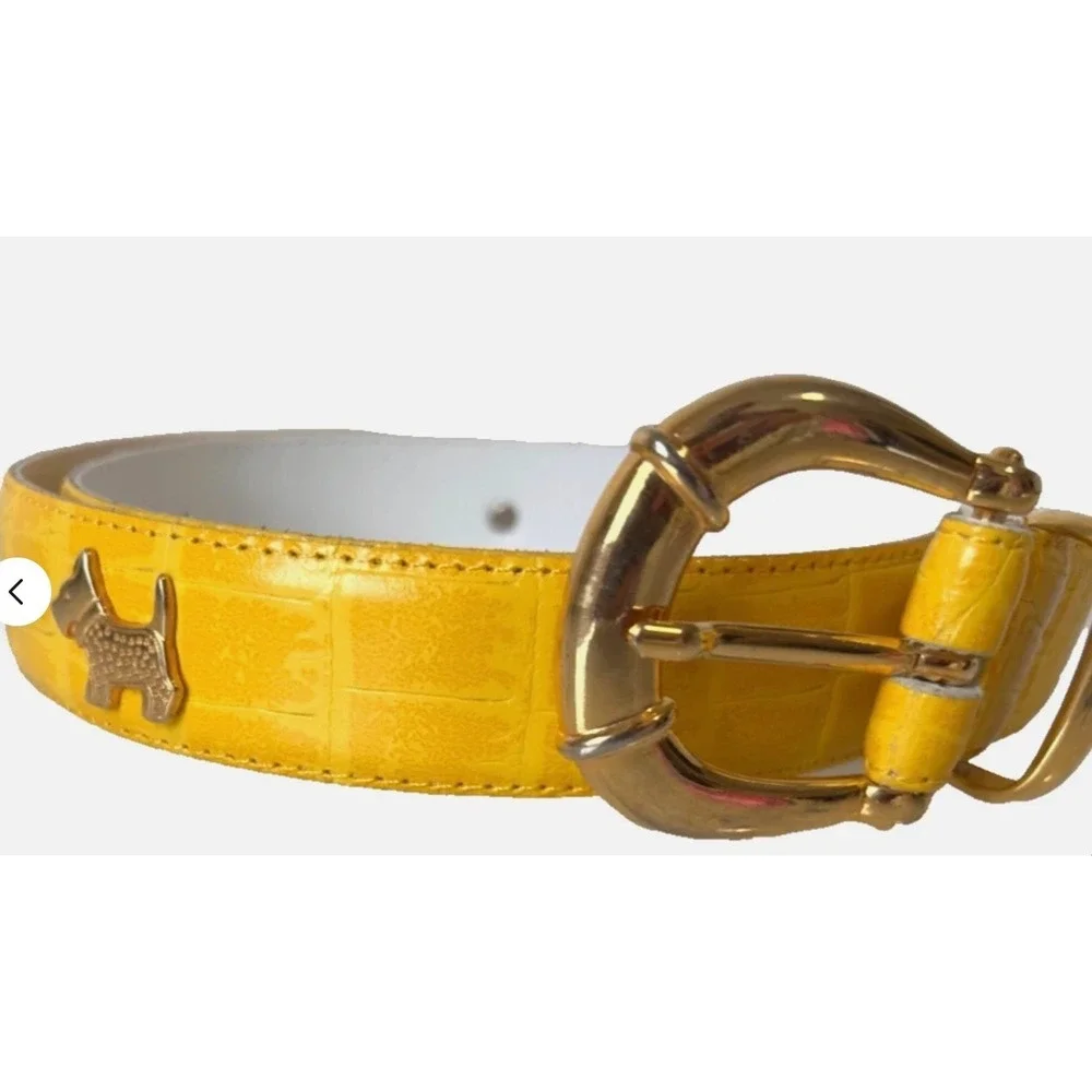 Vintage French Yellow Croc Embossed Leather Belt Scottie Dog Gold Buckle Small